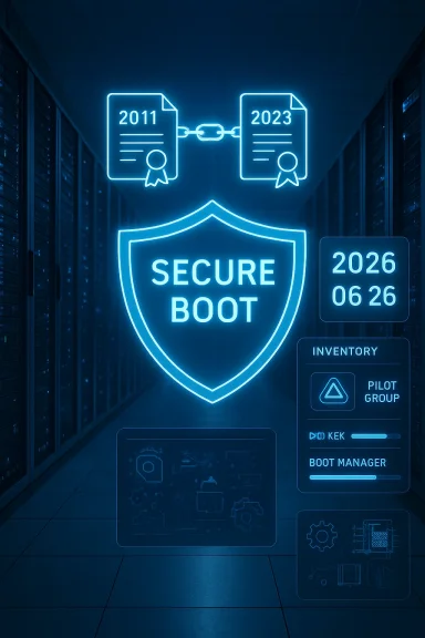 Neon-blue data center with a Secure Boot shield linking 2011 and 2023 certificates. Neon-blue data center with a Secure Boot shield linking 2011 and 2023 certificates.