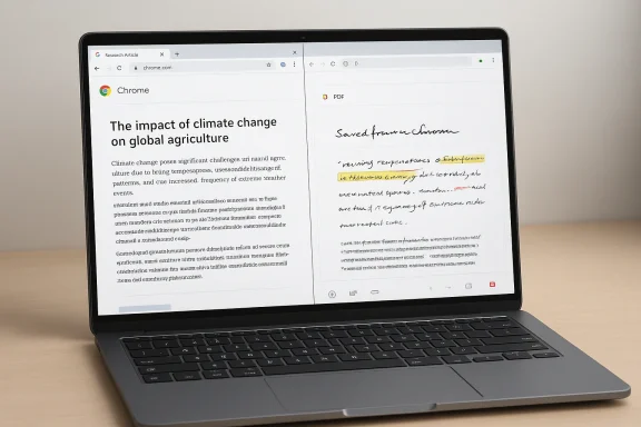 Laptop screen split between a climate-change article and a handwritten PDF document.