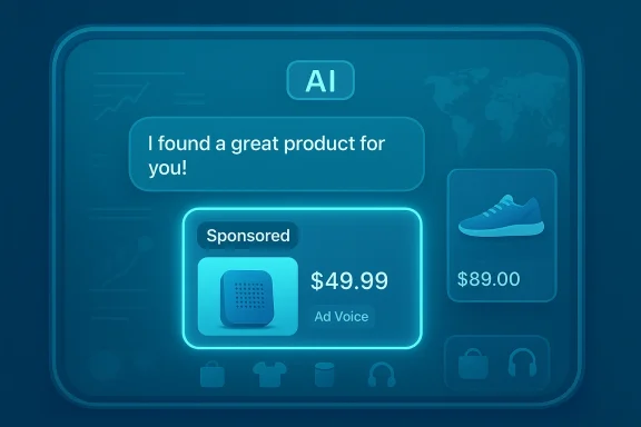 An AI-powered ad interface displaying a glowing 'Sponsored' product card priced $49.99.