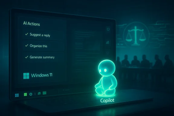 A glowing Copilot hologram sits on a laptop displaying Windows 11 AI Actions.