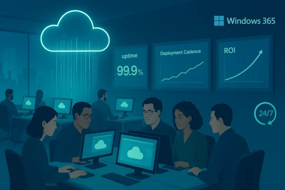 Cloud workspace with Windows 365 dashboards showing uptime and ROI.