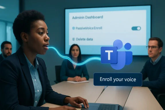 A woman at a meeting uses a laptop as a holographic Teams prompt reads 'Enroll your voice.'