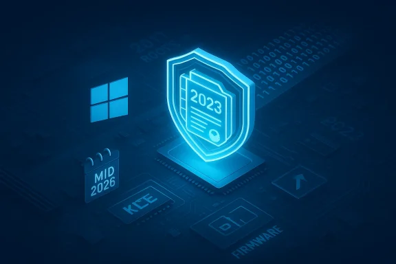 Neon blue shield icon with a 2023 document atop a circuit board, symbolizing firmware security.