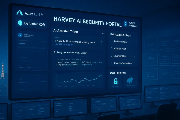 HARVEY AI SECURITY PORTAL dashboard showing AI-assisted triage and investigation steps.