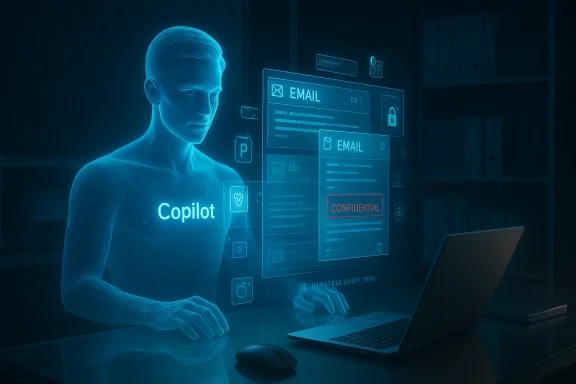 A holographic Copilot aids on a laptop, displaying email UI and a CONFIDENTIAL label.