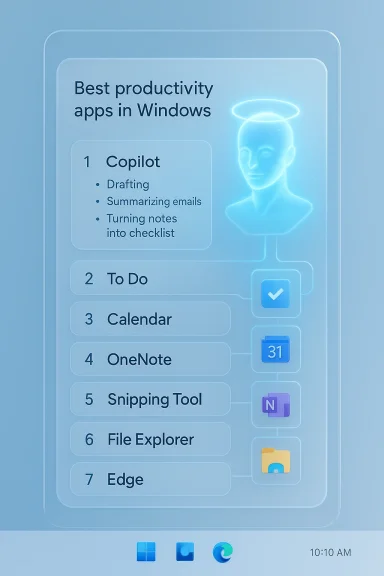 Blue infographic listing the best Windows productivity apps, led by Copilot. Blue infographic listing the best Windows productivity apps, led by Copilot.