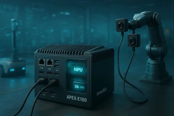 Dual cameras mounted on a robotic arm linked to an Innodisk APEX-E100 edge computer.