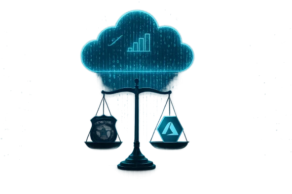 A glowing cloud looms over a balance scale weighing a government seal against an Azure-like logo.