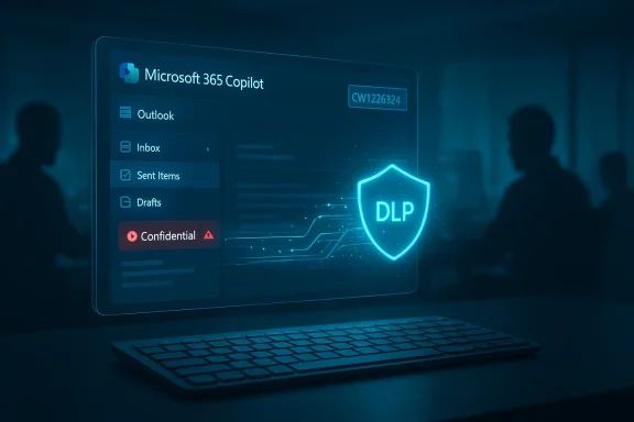 Holographic Microsoft 365 Copilot UI with a glowing DLP shield in a blue office.