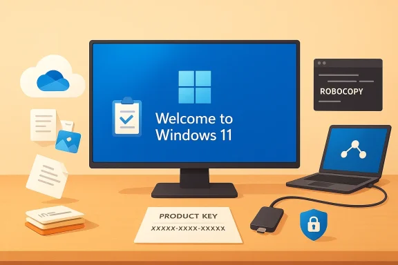 Windows 11 setup scene showing the welcome screen, a product key, laptop, and cloud/docs icons.
