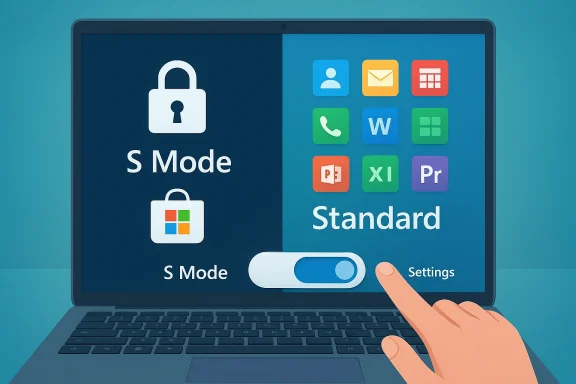 A laptop displays a split screen: S Mode on the left, Standard on the right, with a toggle switch.