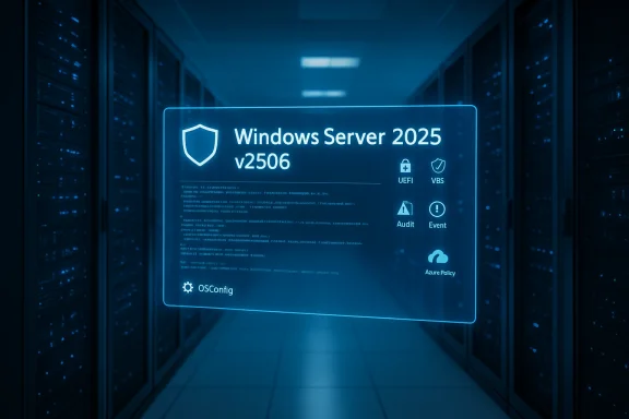 A holographic Windows Server 2025 v2506 display projected in a dim data center.