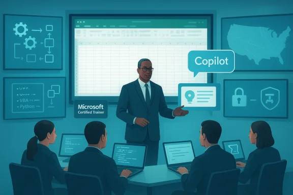 Microsoft Certified Trainer delivers Copilot training to a team with laptops.