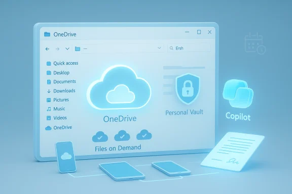 Blue 3D illustration of OneDrive cloud storage with devices, Personal Vault, and Copilot.