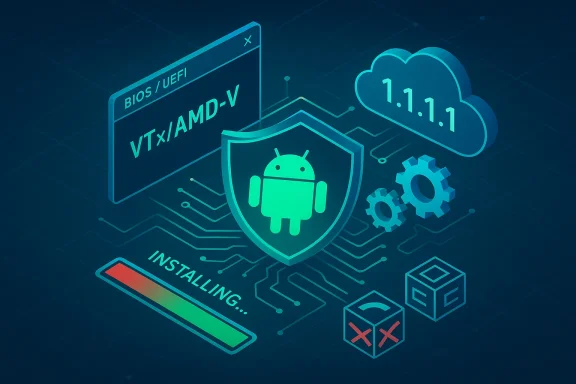Android shield amid BIOS/UEFI, VT-x/AMD-V, cloud 1.1.1.1, and install progress.