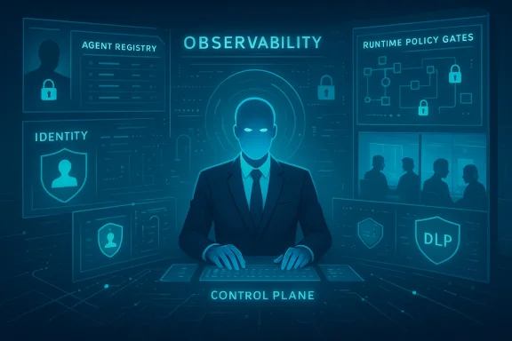 A faceless, blue-lit operator at a control plane monitors observability and data security.