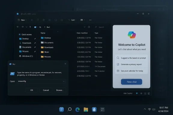 Dark Windows desktop showing File Explorer, Run dialog, and Copilot panel.