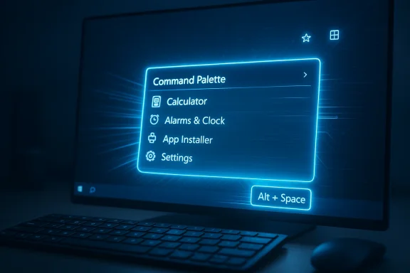A glowing blue Command Palette on a laptop screen listing Calculator, Alarms & Clock, App Installer, Settings.