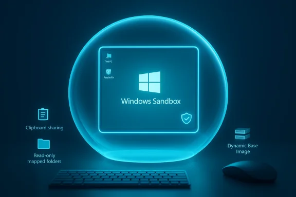 Neon blue Windows Sandbox inside a glowing sphere, highlighting isolation and security features.