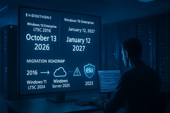 A person in a server room studies a large display detailing Windows 10 Enterprise migration timelines.