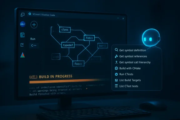 Futuristic coding scene with a glowing flowchart on a VS Code screen and a neon blue robot beside it.