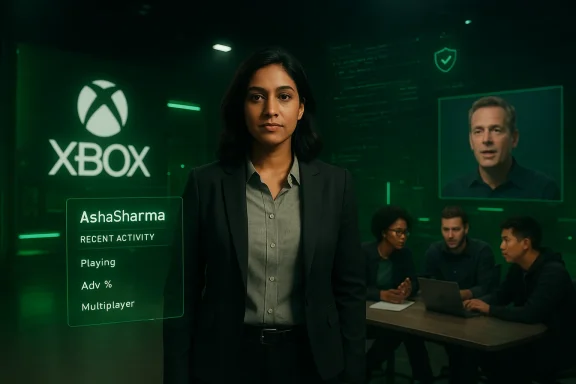 A woman in a blazer stands in a neon-green Xbox briefing room as teammates collaborate at a table.
