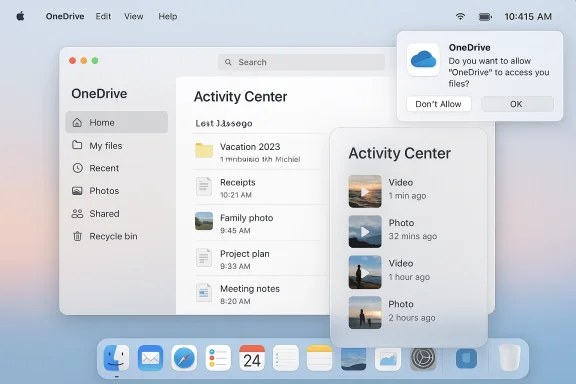 macOS desktop showing OneDrive windows, activity center lists, and a file access permission prompt.