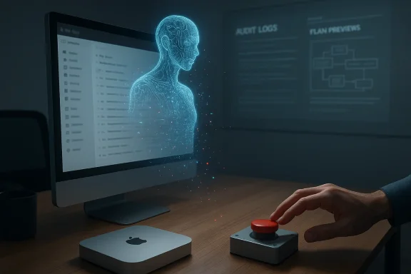 A holographic blue human figure rises from a computer monitor as a hand hovers over a big red button.