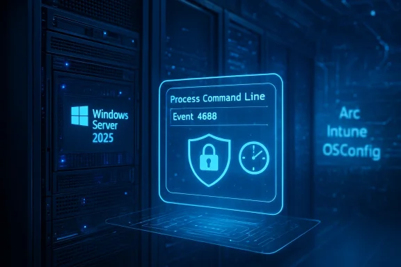 Blue-tinted data center with a holographic display of Windows Server 2025 and Process Command Line.