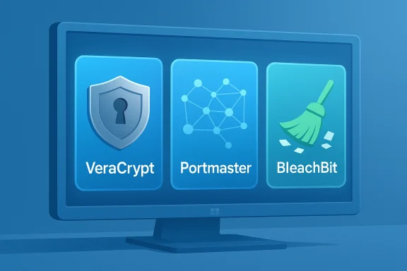 Blue-toned monitor displays three privacy tools: VeraCrypt, Portmaster, BleachBit.
