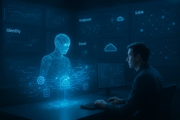 A person at a computer watches a holographic blue digital identity figure in a high-tech control room.