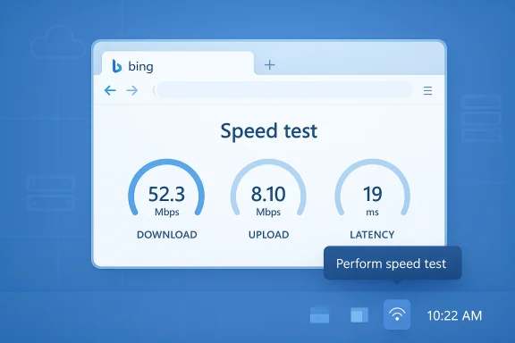 Bing speed test UI showing download 52.3 Mbps, upload 8.10 Mbps, latency 19 ms.