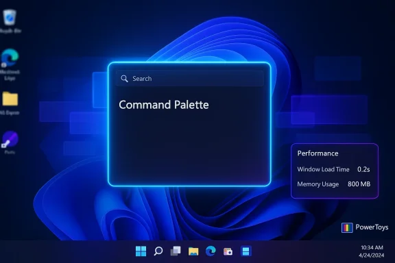 Futuristic Windows desktop with a glowing 'Command Palette' and a performance panel.