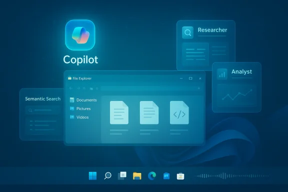 A futuristic blue UI concept featuring Copilot with modules for Researcher, Analyst, Semantic Search, and File Explorer.