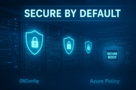 A data center with glowing shield icons and the 'Secure by Default' message. A data center with glowing shield icons and the 'Secure by Default' message.