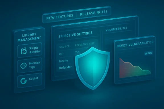 Blue holographic dashboard showing library management, effective settings, and device vulnerabilities with a shield.