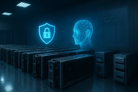 Futuristic data center with rows of server racks and blue holographic security icons.