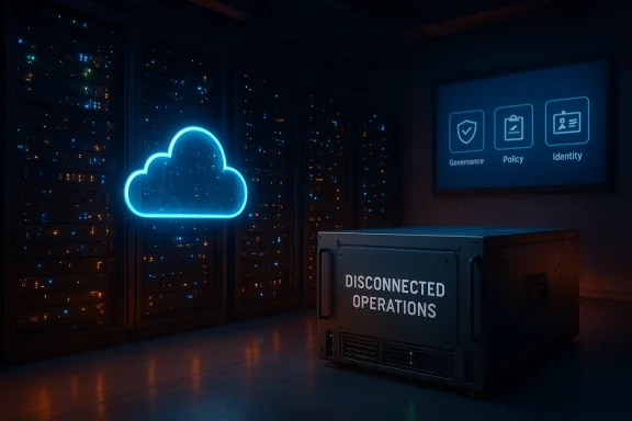 A dark data center with a neon blue cloud icon beside server racks and a disconnected operations unit.