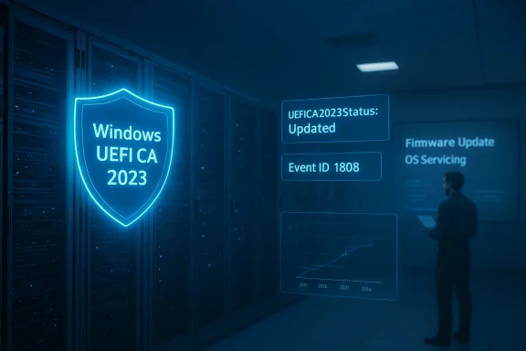 Neon-blue holographic display in a server room shows Windows UEFI CA 2023 shield and status. Neon-blue holographic display in a server room shows Windows UEFI CA 2023 shield and status.