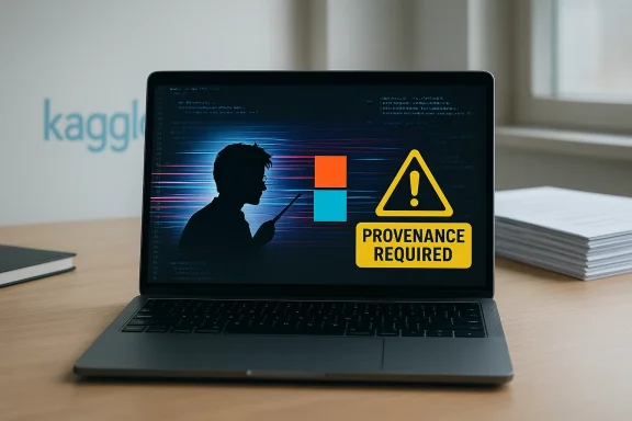 Hacker silhouette beside a prominent “Provenance Required” warning on a laptop screen.
