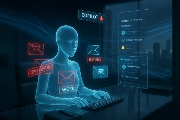 Blue holographic figure typing at a keyboard, with floating AI panels labeled Copilot and Drafts.