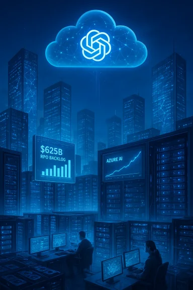 Futuristic data center beneath a glowing blue cloud icon, with AI dashboards and skyline-lit servers.