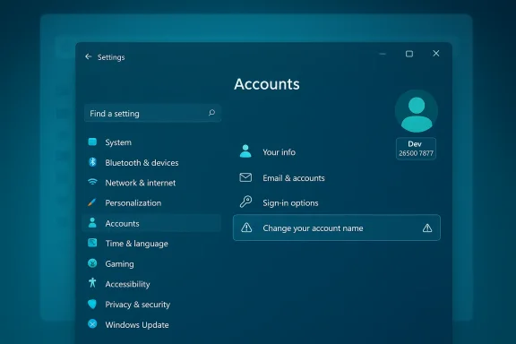 Windows Settings: Accounts page with profile icon and highlighted 'Change your account name.'