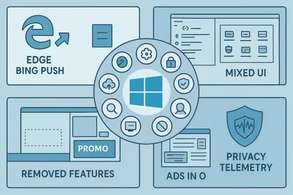 A Windows-centric infographic showing privacy telemetry, ads, mixed UI, and removed features.