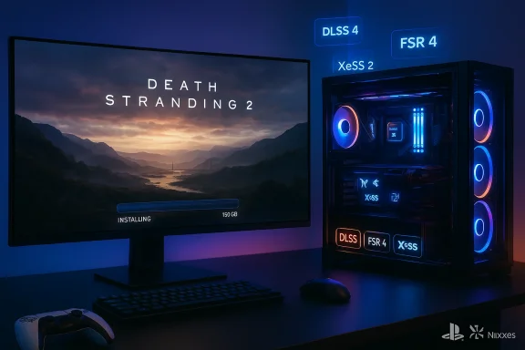 Neon-lit gaming setup with a PC tower, glowing fans, and Death Stranding 2 installing on a widescreen monitor.