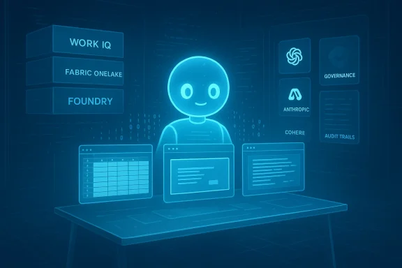 A glowing blue holographic AI assistant sits at a desk with multiple data panels.