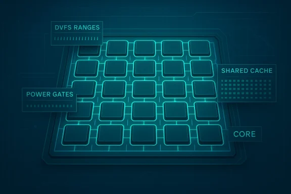 Futuristic CPU schematic highlighting DVFS ranges, power gates, shared cache, and core.