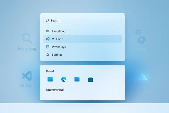 A soft blue, floating search panel with VS Code highlighted and a pinned apps row.