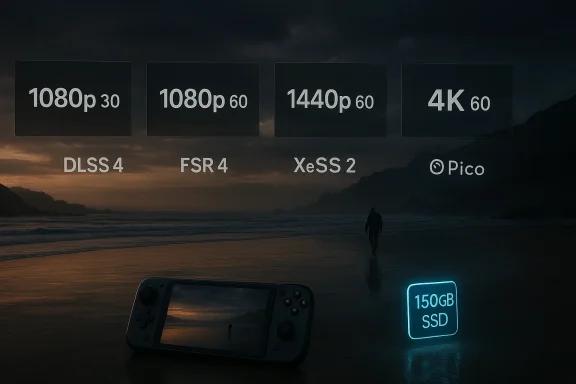 A dark beach scene with a handheld console and a glowing display of resolutions and a 150GB SSD sign.
