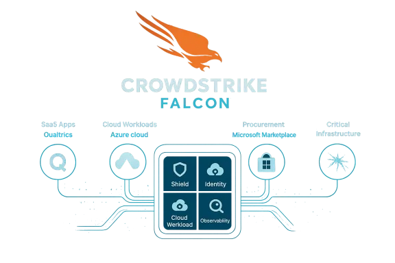 CrowdStrike Falcon cybersecurity infographic featuring Shield, Identity, Cloud Workload, and Observability icons.